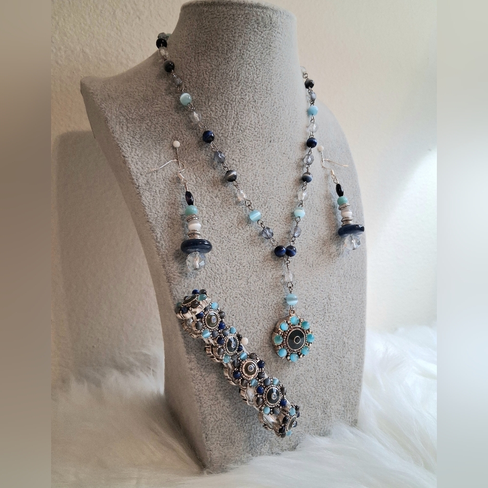 Blues White Silver Colored Glass Like Beaded Necklace, Earrings And Bracelet Set